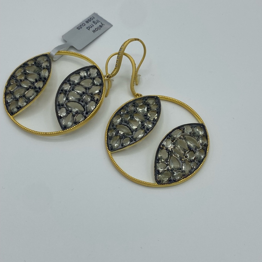 Freida Rothman gold vermeil drop Earrings with rose cut clear gemstones.
